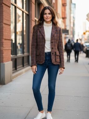 Wool Blend Textured Multi Colour Blazer with Fringed Hem 1087